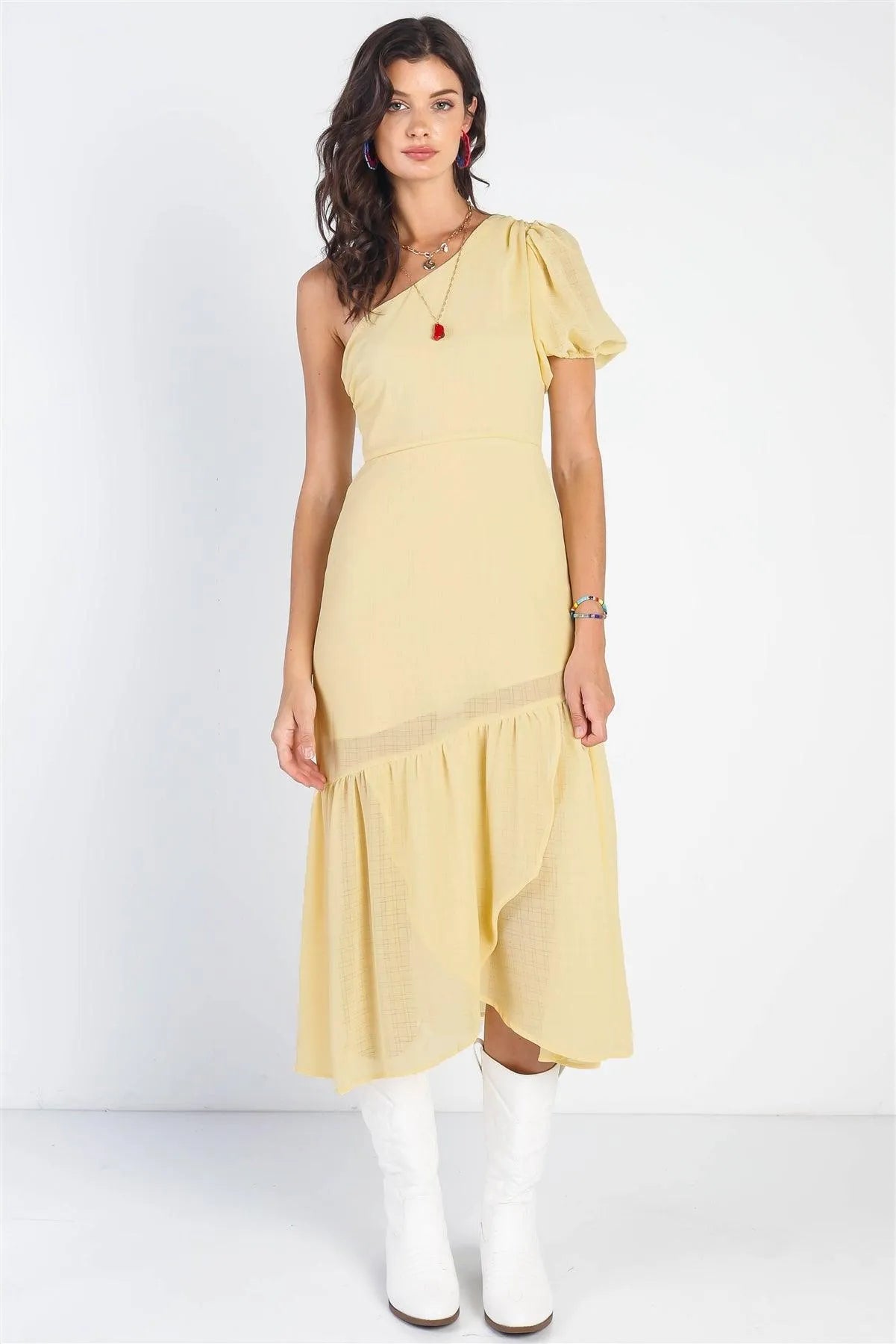 Yellow Textured One Shoulder Flare Hem Midi Dress /3-2-1 - Tasha Apparel Wholesale