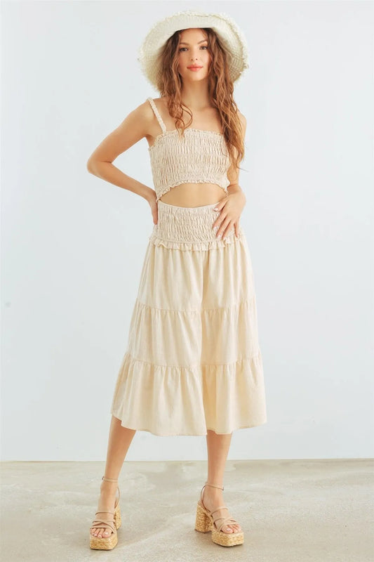 Cream Cotton Smocked Cut-Out Bodice Strappy Midi Dress /3-2-1 - Tasha Apparel Wholesale