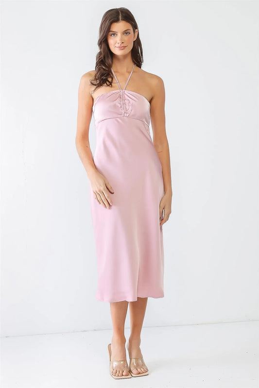 Blush Satin Sleeveless Ruched Strappy Flare Hem Midi Dress /3-2-1 - Tasha Apparel Wholesale