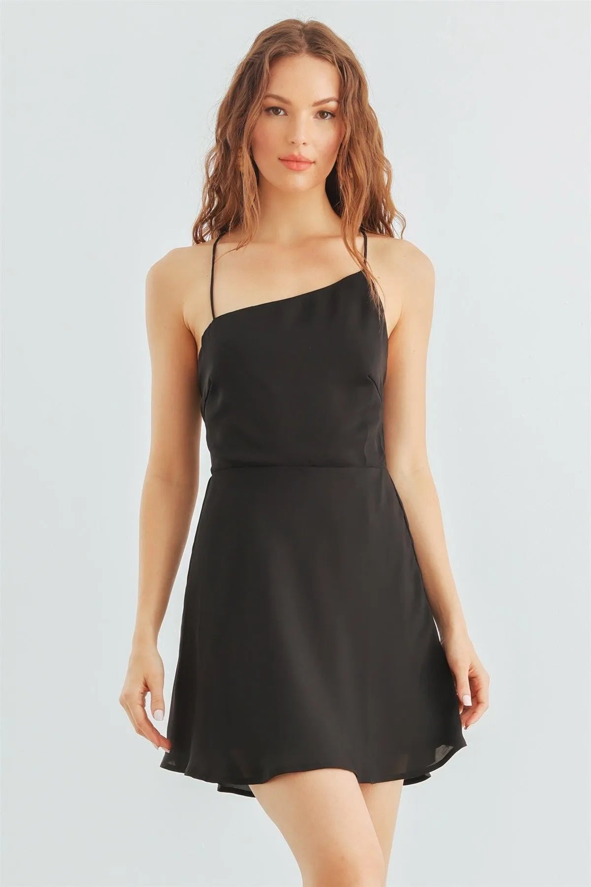 Black Sleeveless Back Criss-Cross Flare Hem Mini Dress /3-2-1 - Tasha Apparel Wholesale