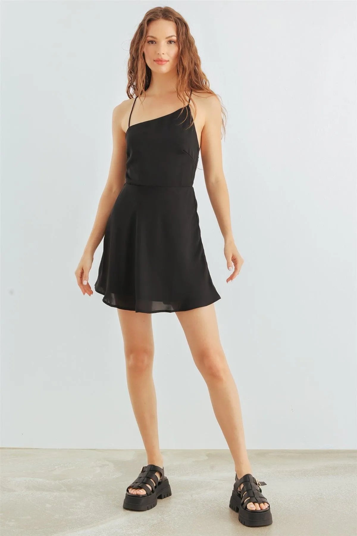 Black Sleeveless Back Criss-Cross Flare Hem Mini Dress /3-2-1 - Tasha Apparel Wholesale