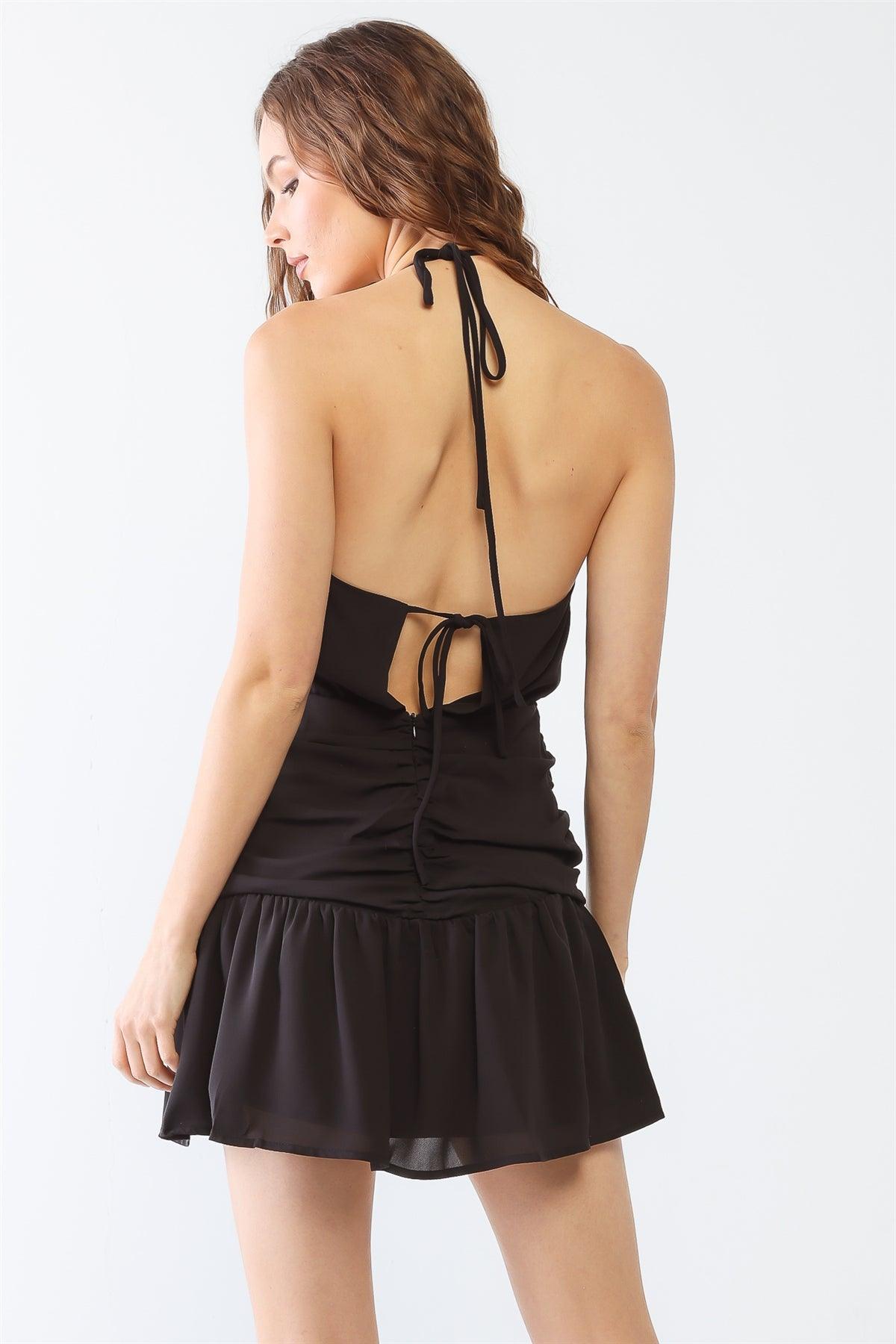 Black Cowl Neck Ruched Strappy Layered Mini Dress /1-2-2-1