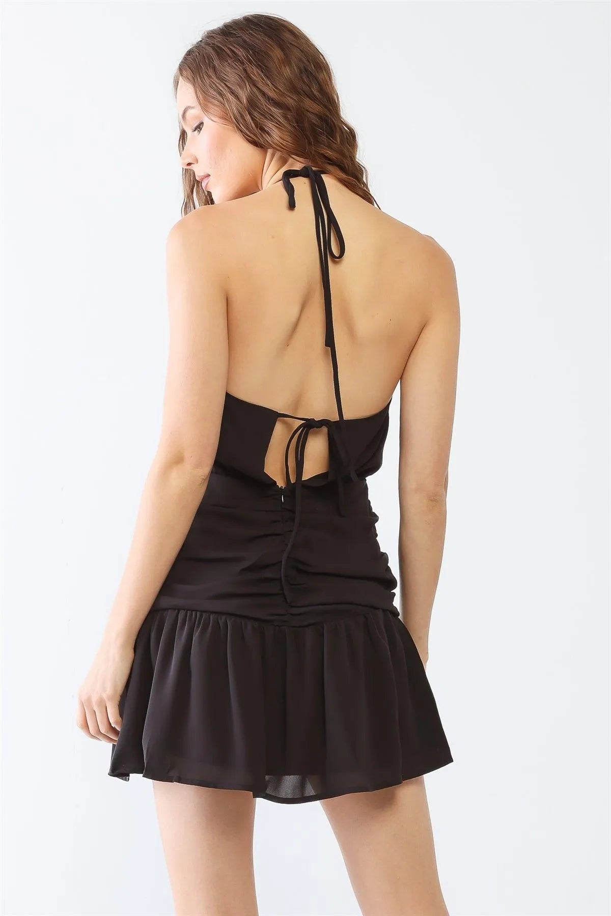 Black Cowl Neck Ruched Strappy Layered Mini Dress /1-2-2-1 Black Cowl Neck Ruched Strappy Layered Mini Dress /1-2-2-1