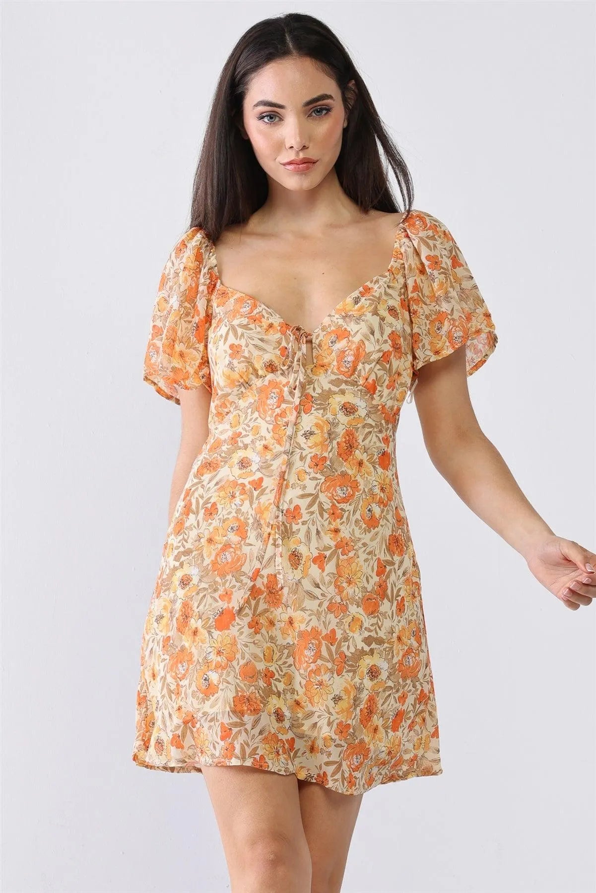 Orange Floral Self-Tie Short Sleeve Mini Dress /3-2-1 - Tasha Apparel Wholesale