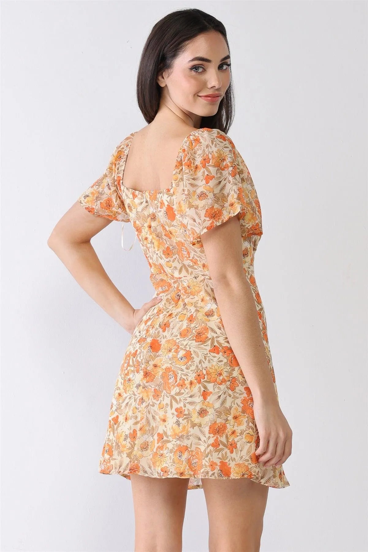 Orange Floral Self-Tie Short Sleeve Mini Dress /3-2-1 - Tasha Apparel Wholesale