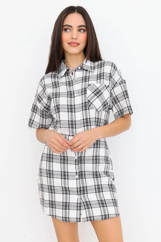 White & Black Plaid Cotton One Pocket Button-Up Collared Neck Short Sleeve Mini Dress /1-2-2-1 - Tasha Apparel Wholesale