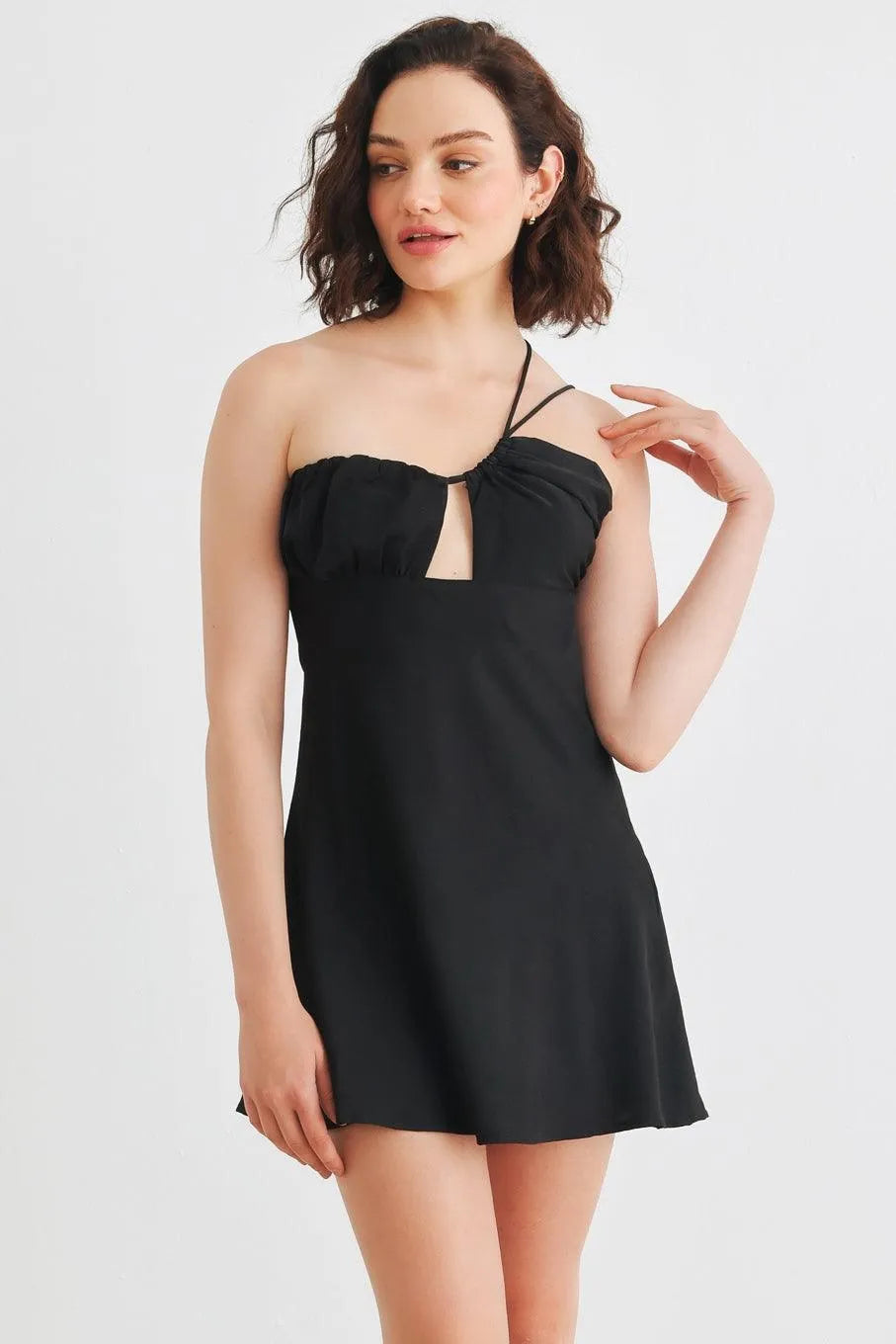 Black Asymmetrical Cut-Out Neck One Shoulder Sleeveless Mini Dress /1-2-2-1 - Tasha Apparel Wholesale