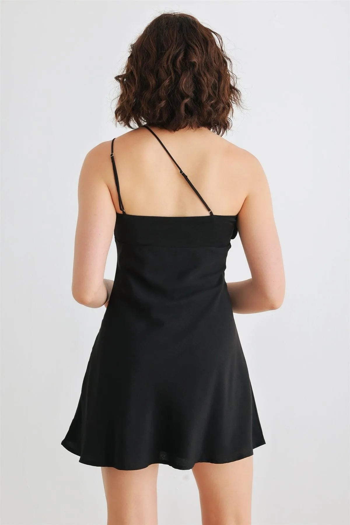 Black Asymmetrical Cut-Out Neck One Shoulder Sleeveless Mini Dress /1-2-2-1 - Tasha Apparel Wholesale