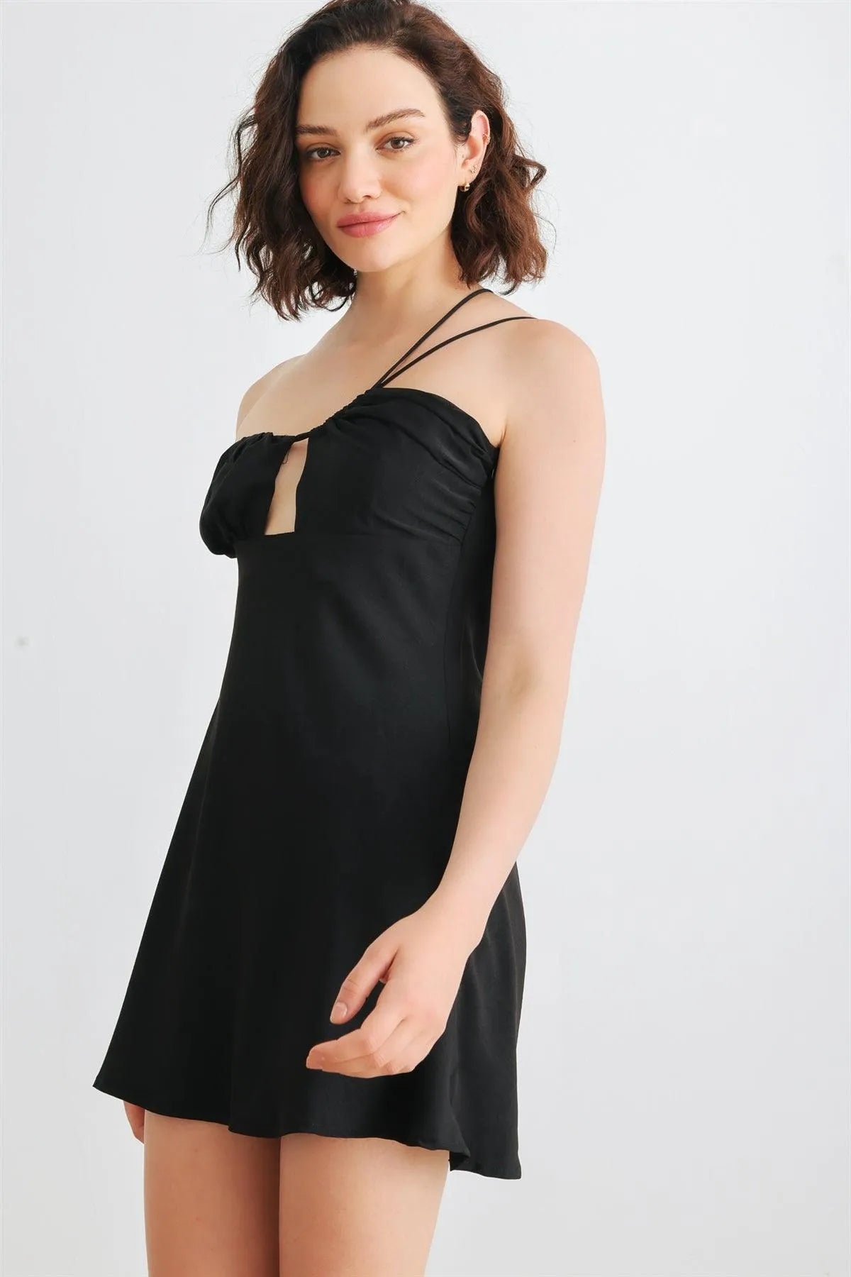 Black Asymmetrical Halter Cut-Out Neck Sleeveless Mini Dress /1-2-2-1 Black Asymmetrical Halter Cut-Out Neck Sleeveless Mini Dress /1-2-2-1