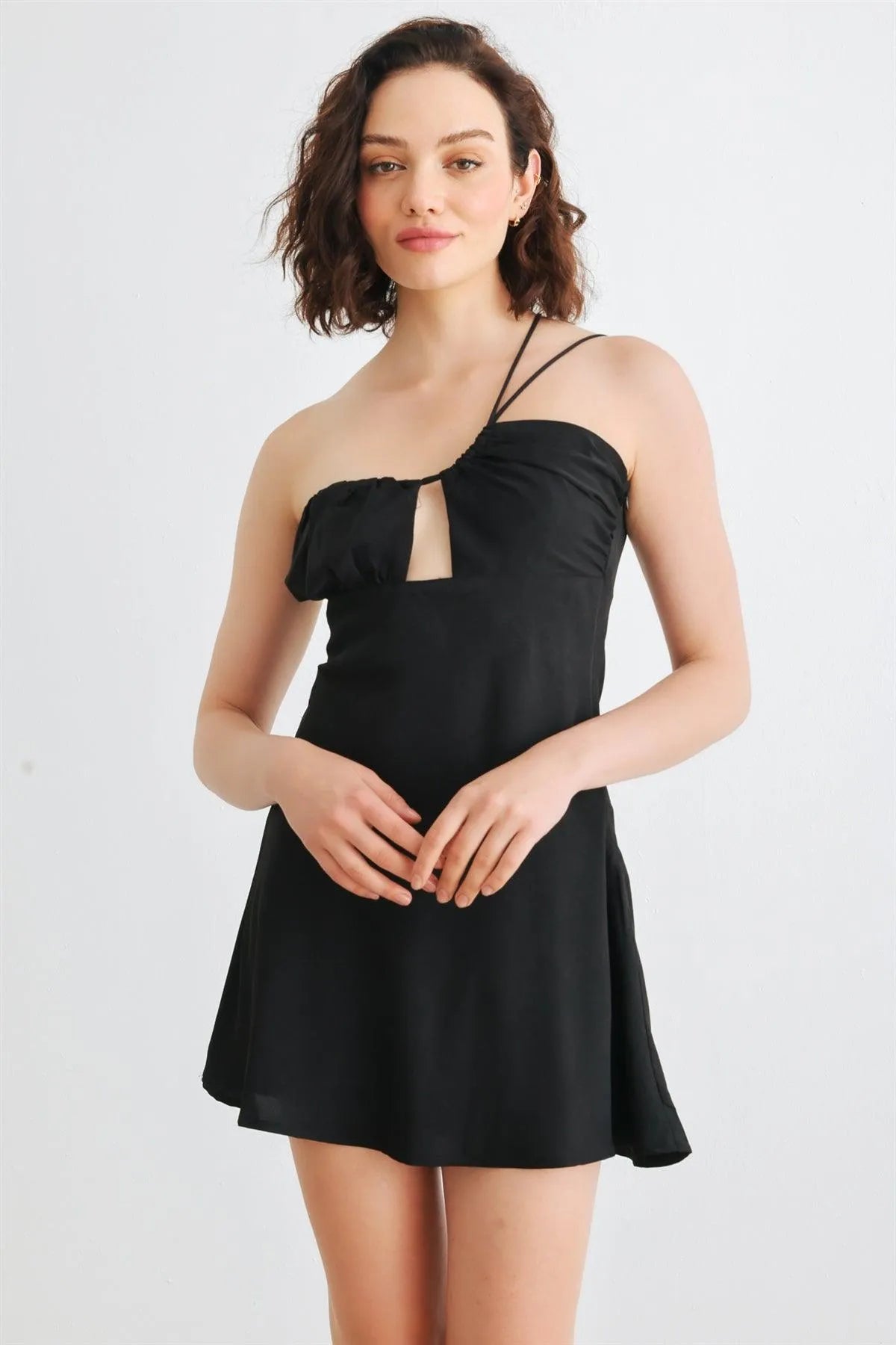 Black Asymmetrical Cut-Out Neck One Shoulder Sleeveless Mini Dress /1-2-2-1 - Tasha Apparel Wholesale