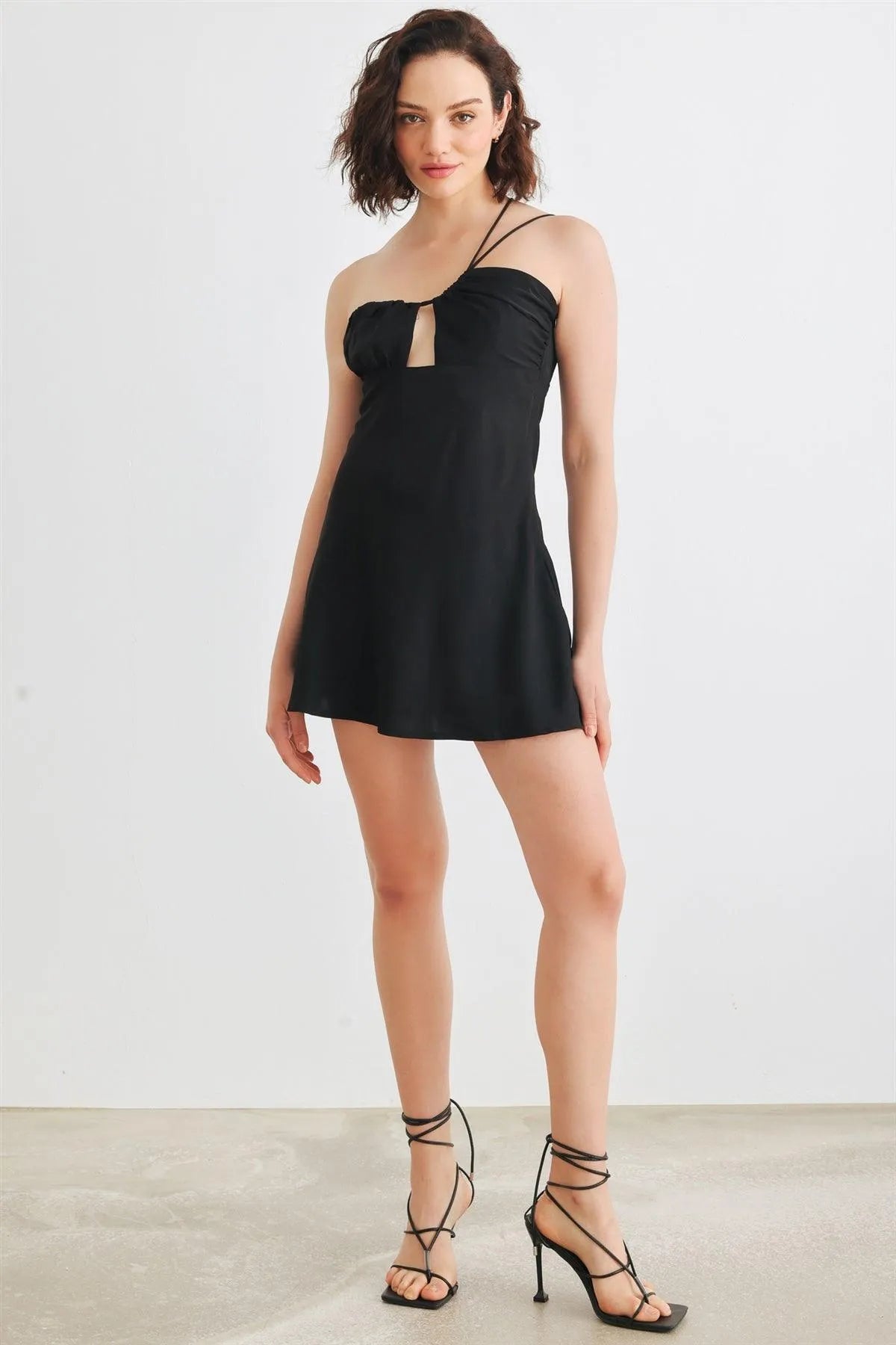 Black Asymmetrical Cut-Out Neck One Shoulder Sleeveless Mini Dress /1-2-2-1 - Tasha Apparel Wholesale