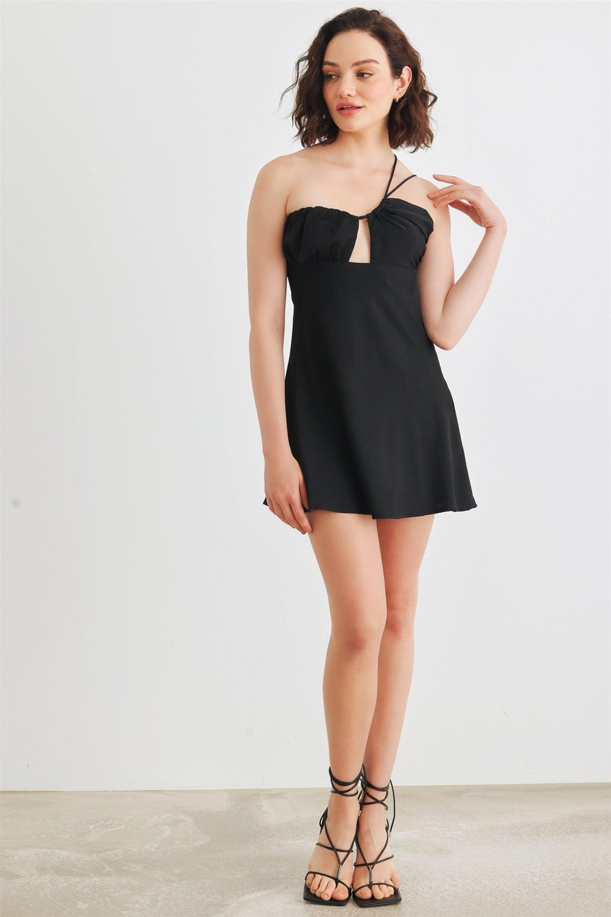 Black Asymmetrical Cut-Out Neck One Shoulder Sleeveless Mini Dress /1-2-2-1