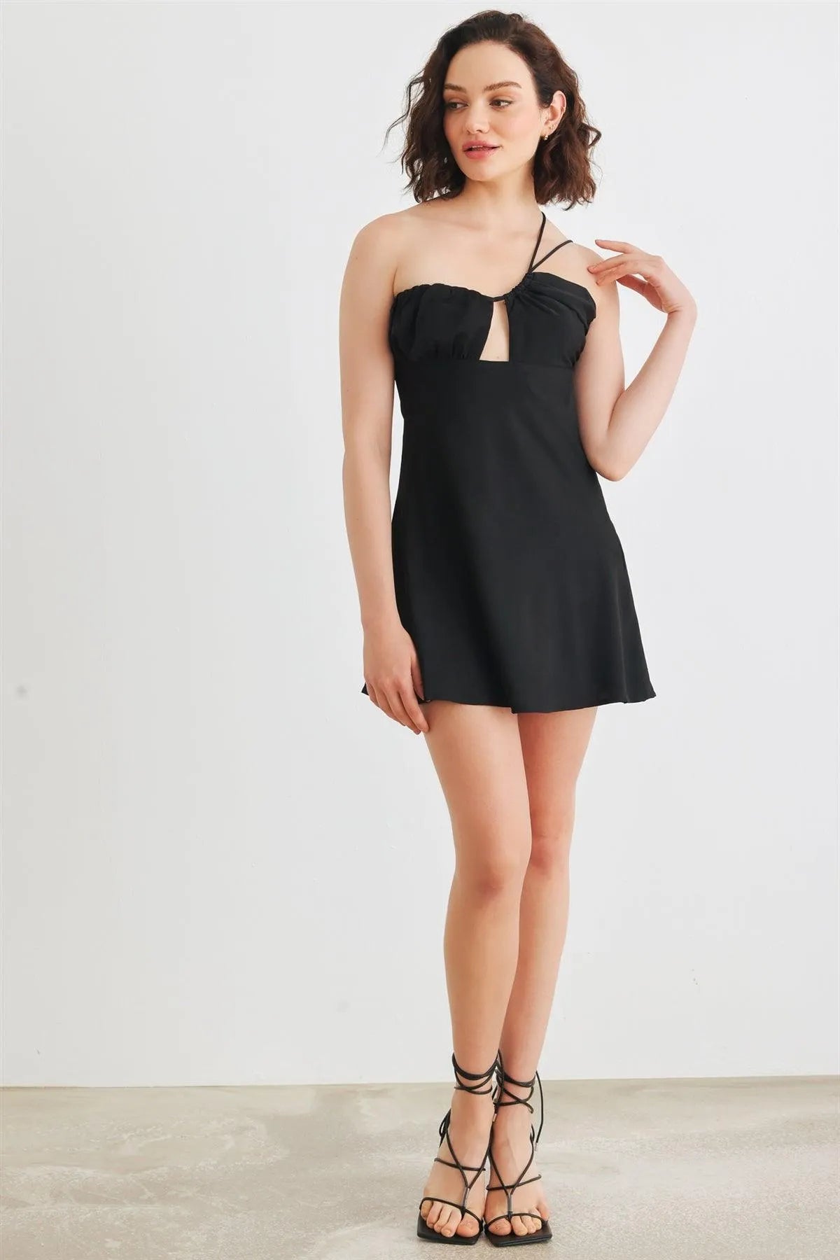 Black Asymmetrical Cut-Out Neck One Shoulder Sleeveless Mini Dress /1-2-2-1 - Tasha Apparel Wholesale