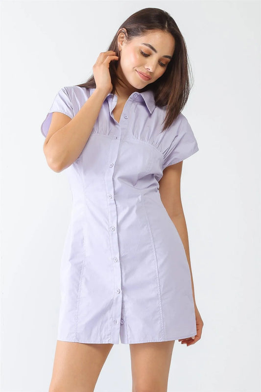 Lavender Cotton Collared Neck Button Shirt Style Mini Dress /3-2-1 - Tasha Apparel Wholesale