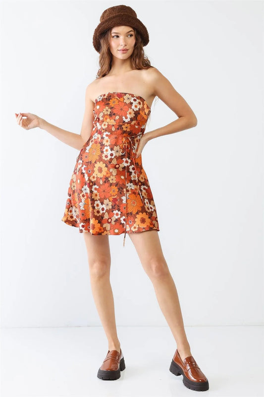 Rust Floral Print Satin Strapless Mini Dress /1-2-1 - Tasha Apparel Wholesale