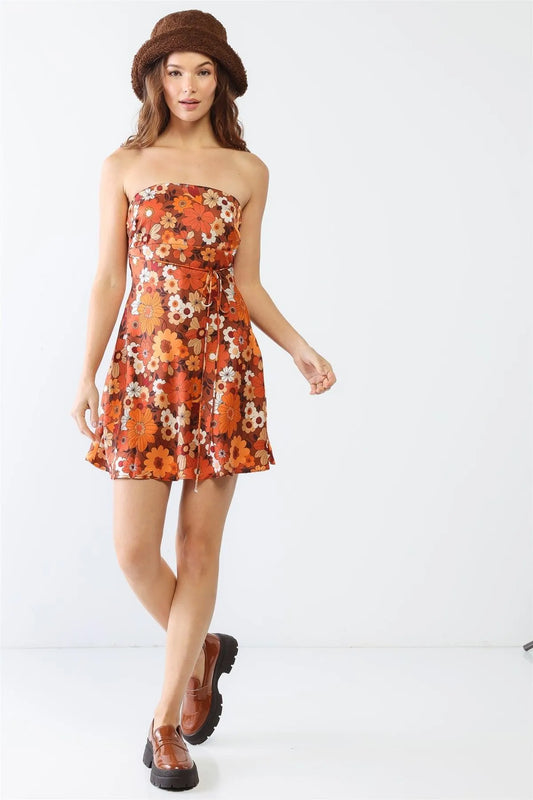 Rust Floral Print Satin Strapless Mini Dress /1-2-2-1 - Tasha Apparel Wholesale