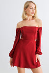 Crimson Off-The-Shoulder Puff Balloon Long Sleeve Cut-Out Side Mini Dress /1-2-2-1