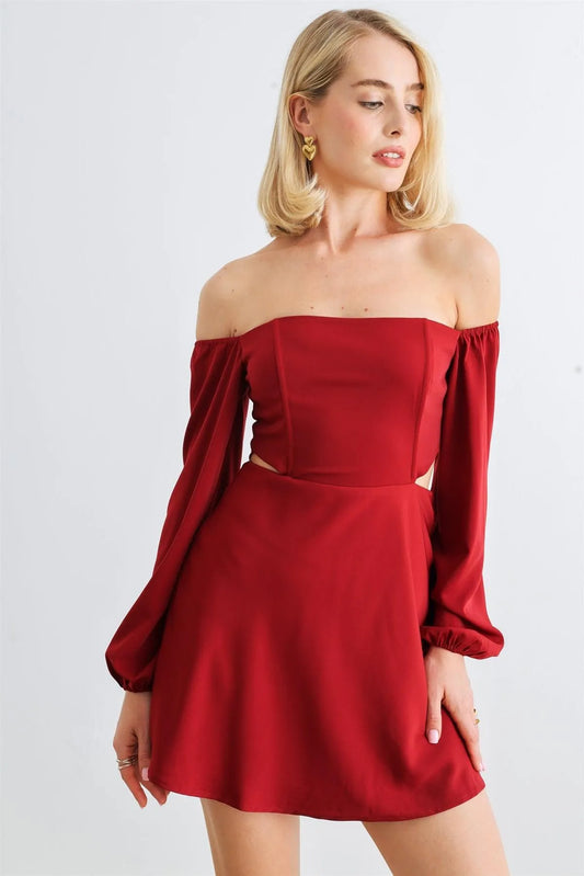 Crimson Off-The-Shoulder Puff Balloon Long Sleeve Cut-Out Side Mini Dress /1-2-2-1 - Tasha Apparel Wholesale