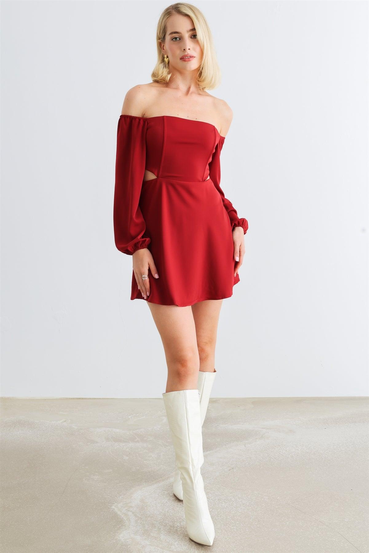 Crimson Off-The-Shoulder Puff Balloon Long Sleeve Cut-Out Side Mini Dress /1-2-2-1