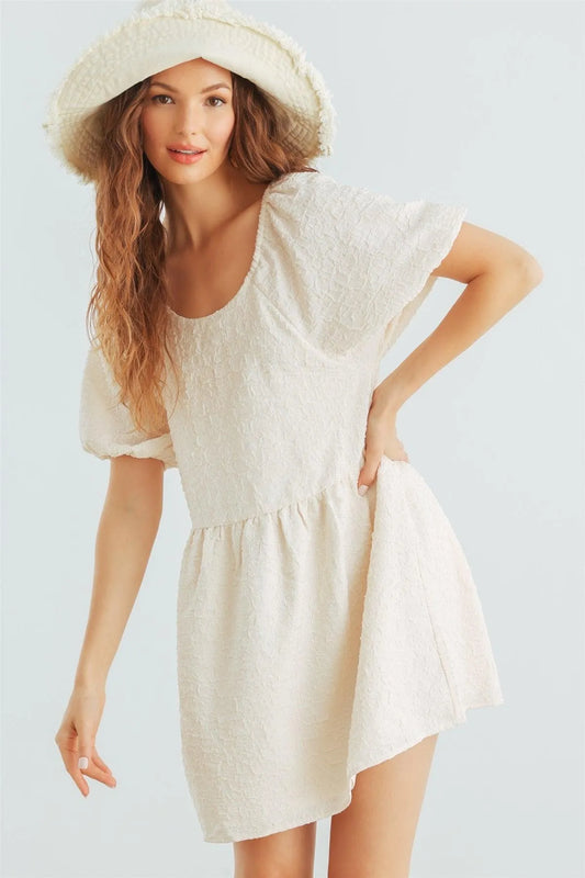 Cream Textured Puff Midi Sleeve Tie Back Mini Dress /1-2-2-1 - Tasha Apparel Wholesale
