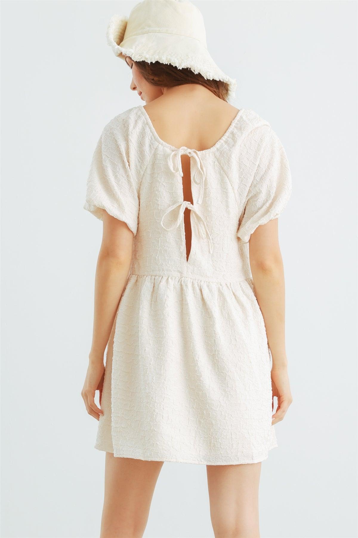 Cream Textured Puff Midi Sleeve Tie Back Mini Dress /1-2-2-1