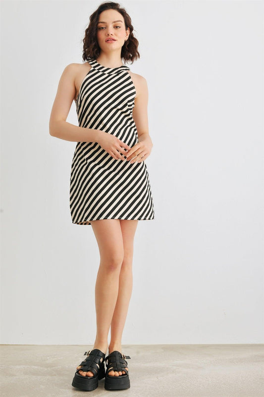 Cream & Black Striped Crew Neck Sleeveless Mini Dress /1-2-2-1
