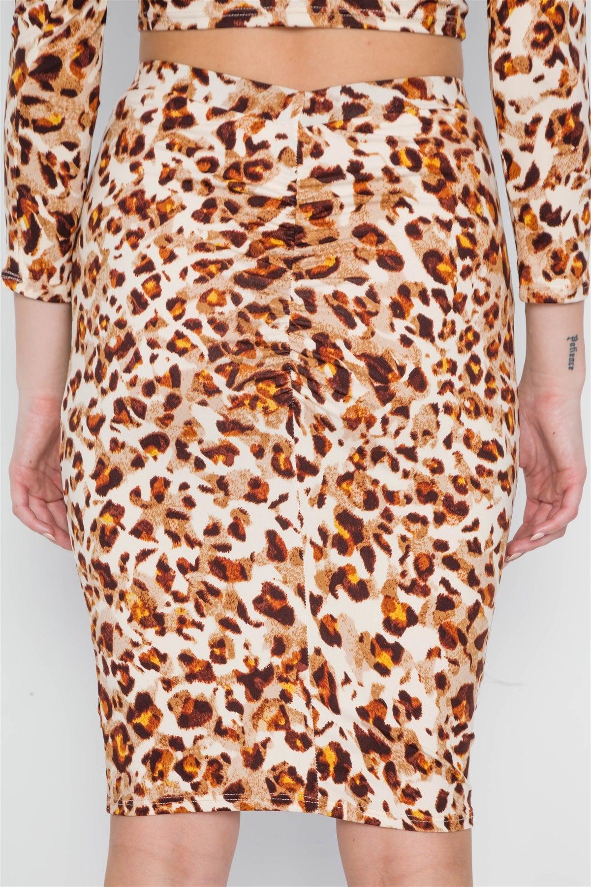 Brown Leopard Print Two Piece Crop Top Skirt  Set /2-2-2