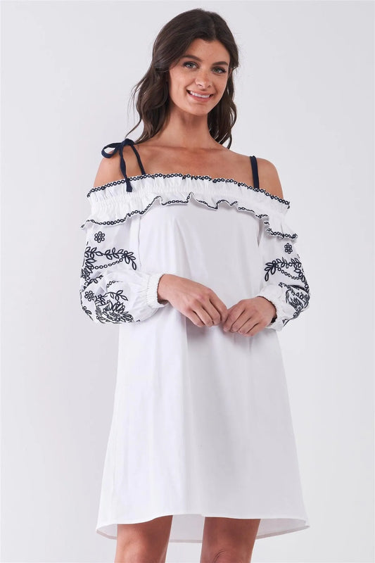 White Dark Blue Embroidery Off-The-Shoulder Long Balloon Sleeve Ruffle Neckline Mini Dress /1-2-2-1 - Tasha Apparel Wholesale