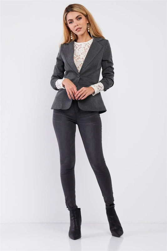 Charcoal 3/4 Drawstring Sleeve One Button Fitted Blazer /3-3 - Tasha Apparel Wholesale