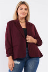 Junior Plus Burgundy 3/4 Drawstring Sleeve One Button Fitted Blazer /1-1-1 - Tasha Apparel Wholesale