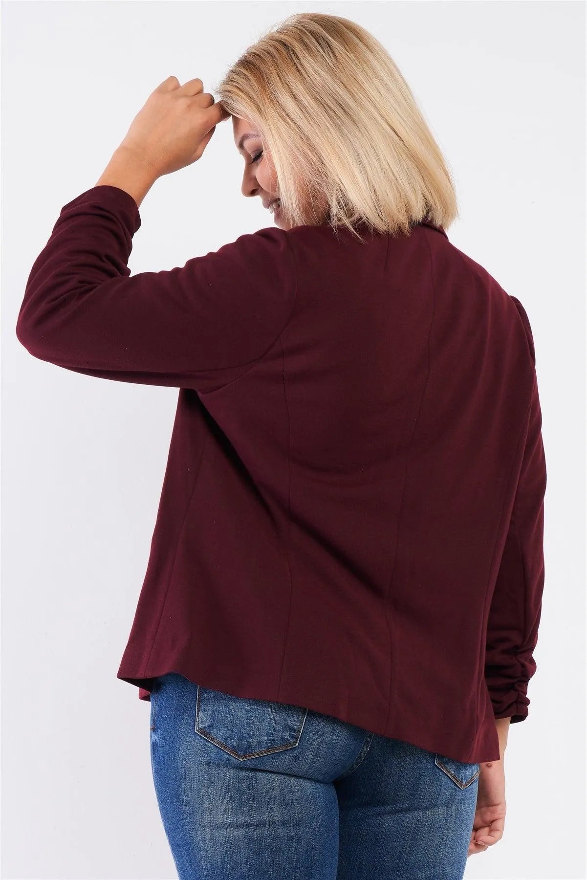 Junior Plus Burgundy 3/4 Drawstring Sleeve One Button Fitted Blazer /1-1-1 - Tasha Apparel Wholesale