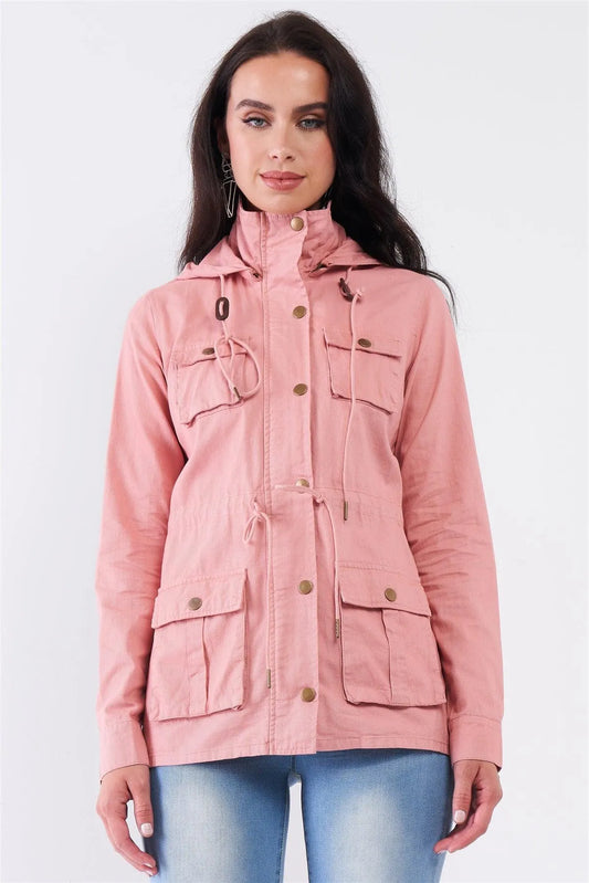 Washed Blush Pink Cotton Front Zip-Up & Button Down Detachable Hood Detail Utility Jacket /1-1-2-2-1 - Tasha Apparel Wholesale