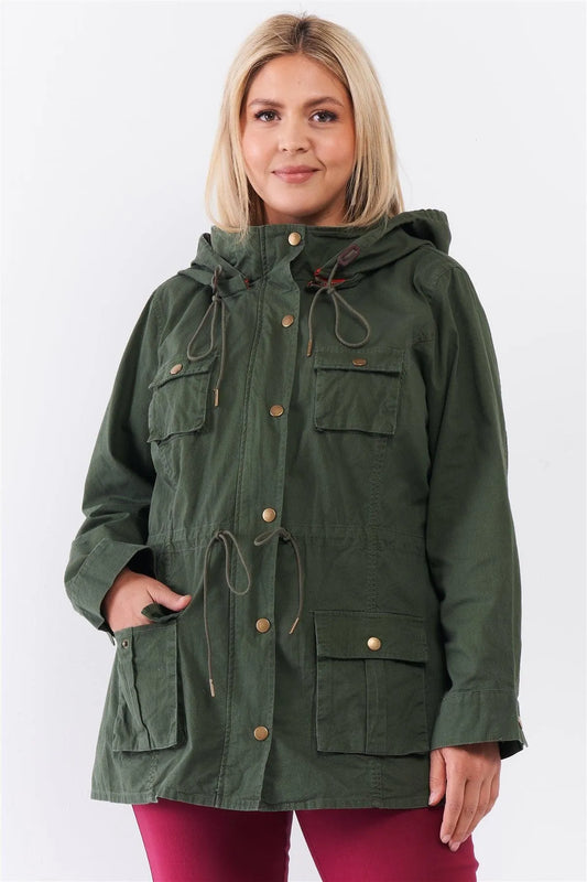 Plus Size Olive Cotton Zip-Up Hood Utility Jacket /4-2 - Tasha Apparel Wholesale