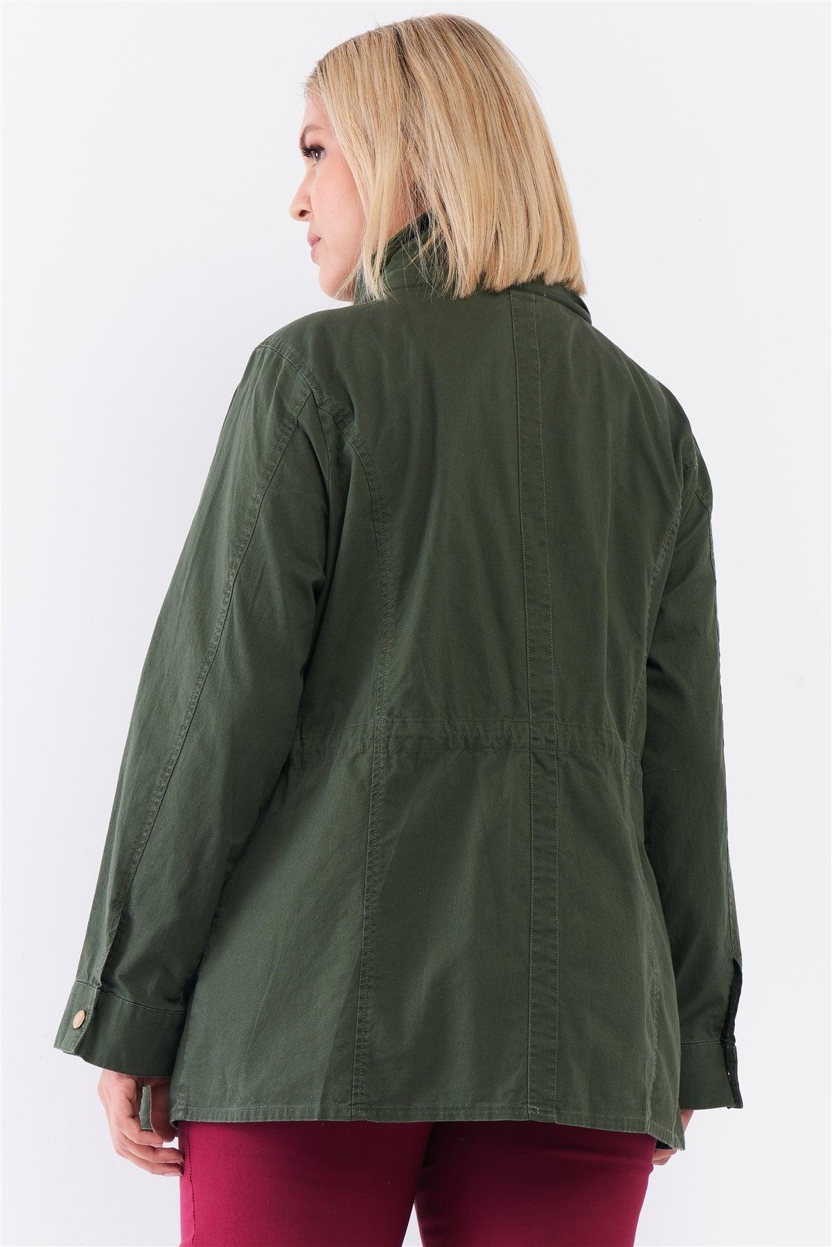 Junior Plus Olive Cotton Front Zip-Up & Button Down Detachable Hood Detail Utility Jacket /4-2-1