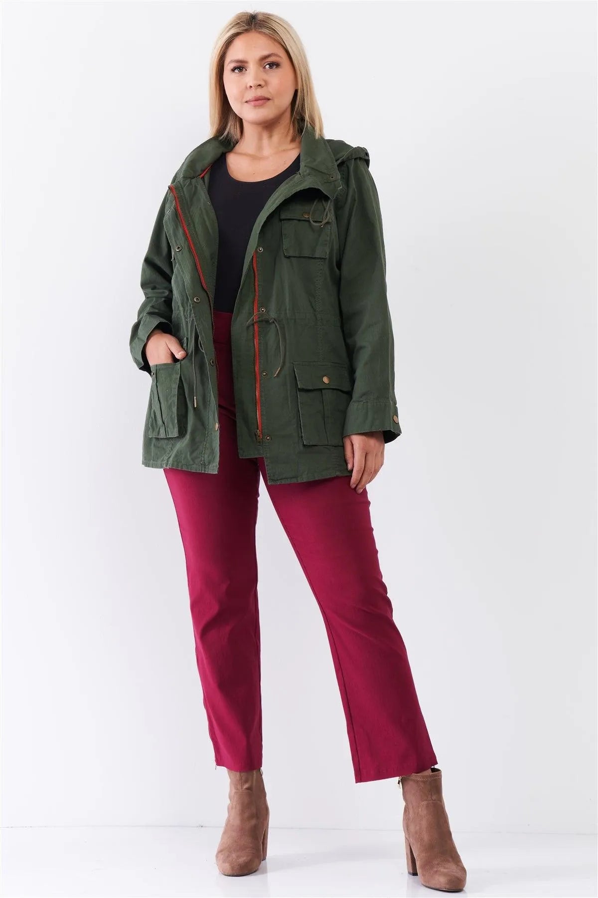 Plus Size Cotton Button Down Hood Utility Jacket /4-3 - Tasha Apparel Wholesale