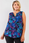 Junior Plus 100% Silk Blue & Purple Floral Print Sleeveless Button Down Top /2-2-1 - Tasha Apparel Wholesale