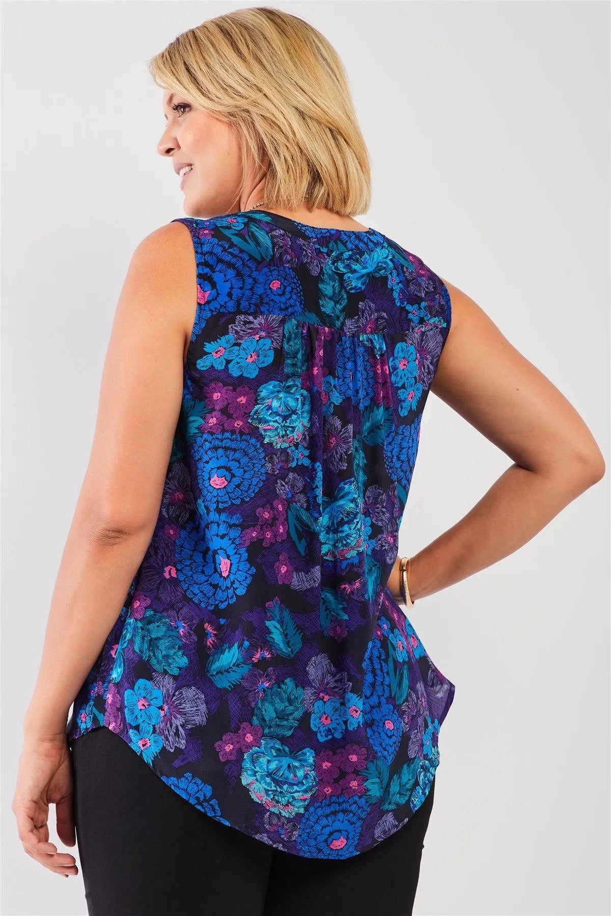 Junior Plus 100% Silk Blue & Purple Floral Print Sleeveless Button Down Top /2-2-1 - Tasha Apparel Wholesale