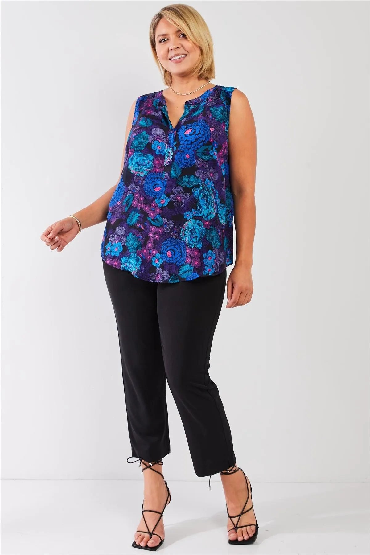 Junior Plus 100% Silk Blue & Purple Floral Print Sleeveless Button Down Top /2-2-1 - Tasha Apparel Wholesale