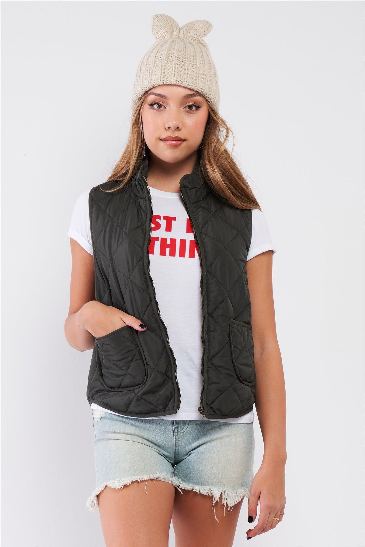 Olive Quilted Puff Two Pockets Zip-Up Turtleneck Vest /1-2-2