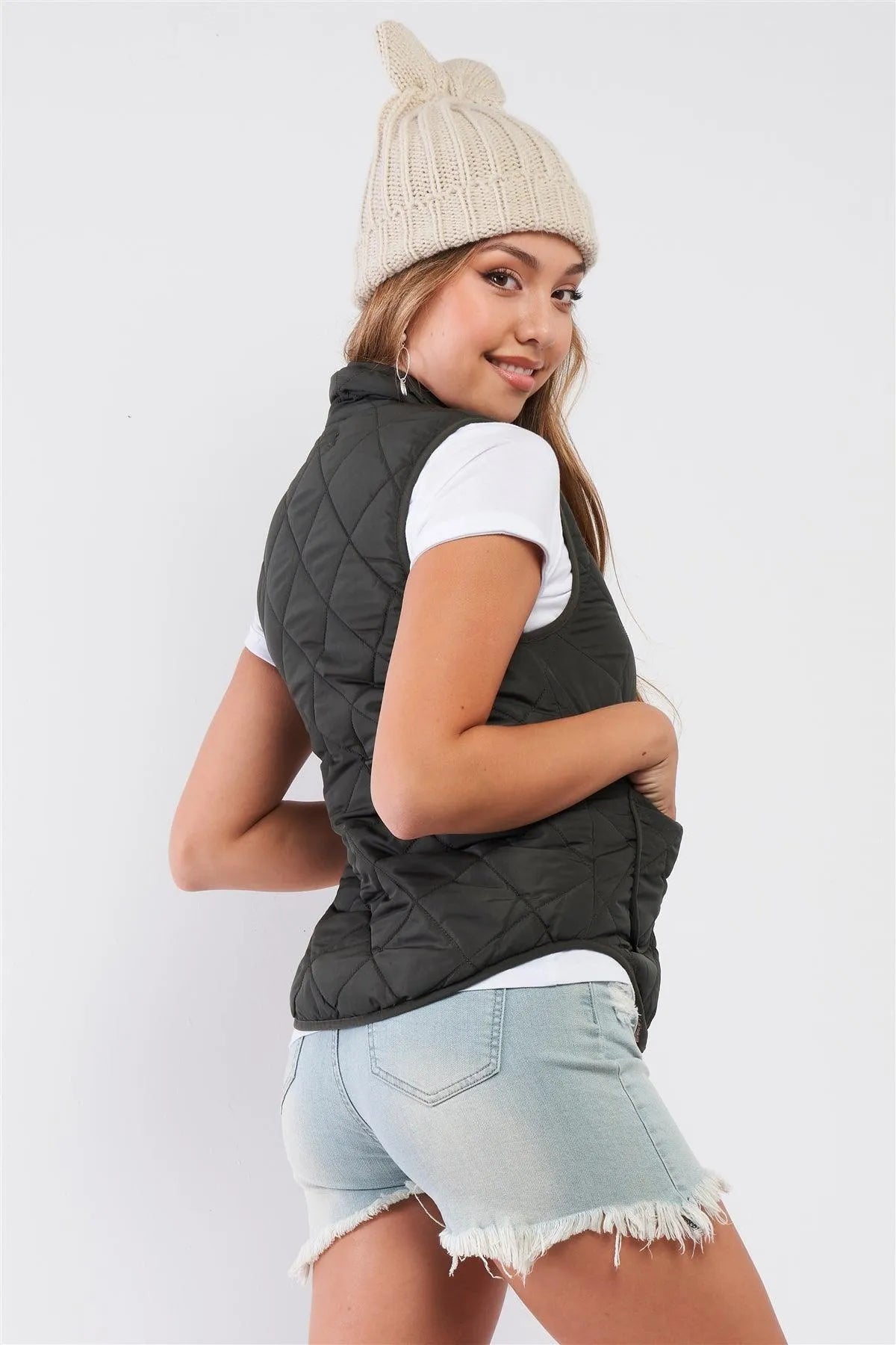 Olive Quilted Puff Two Pockets Zip-Up Turtleneck Vest /1-2-2 - Tasha Apparel Wholesale