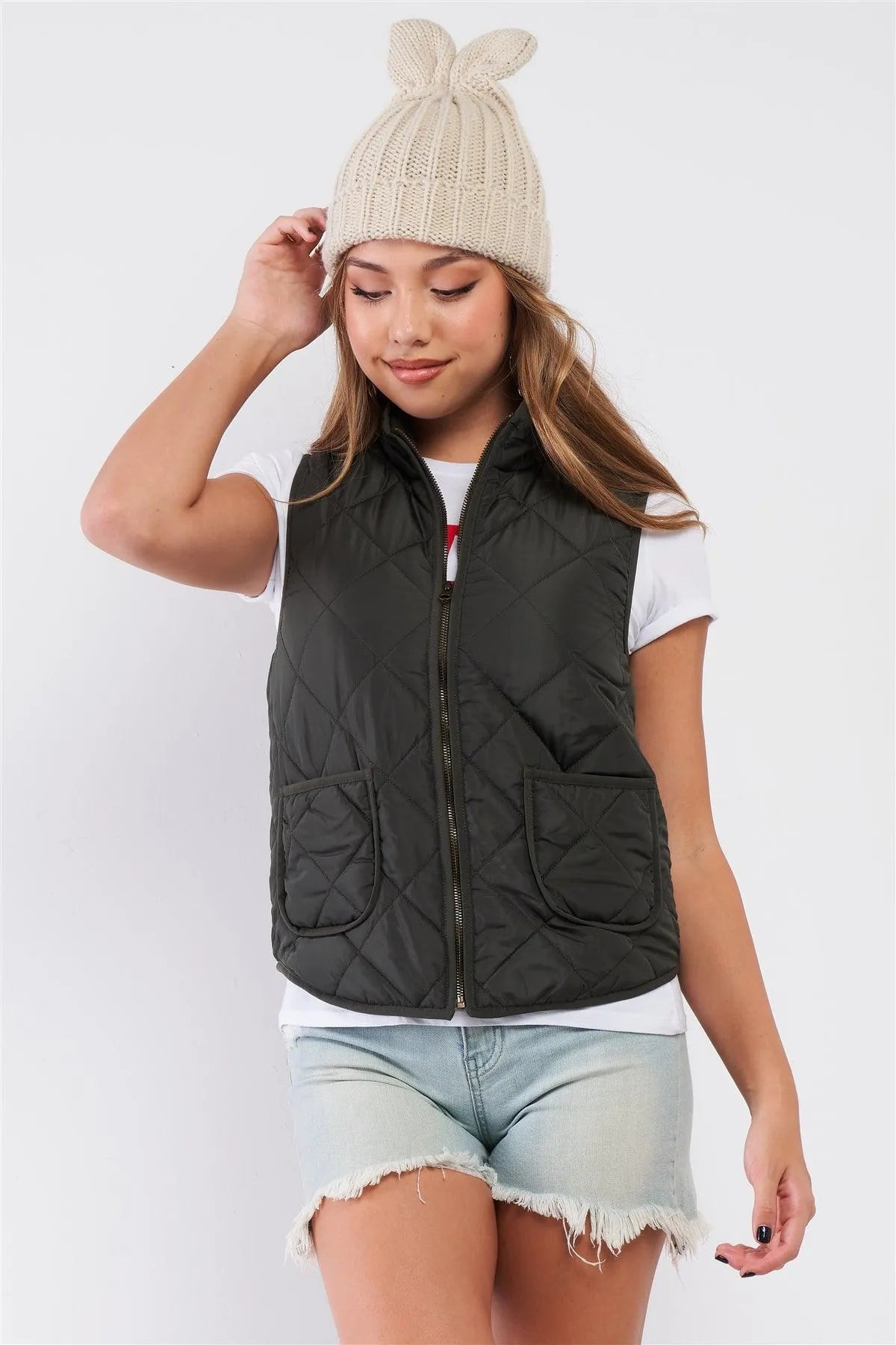 Olive Quilted Puff Two Pockets Zip-Up Turtleneck Vest /1-2-2 - Tasha Apparel Wholesale