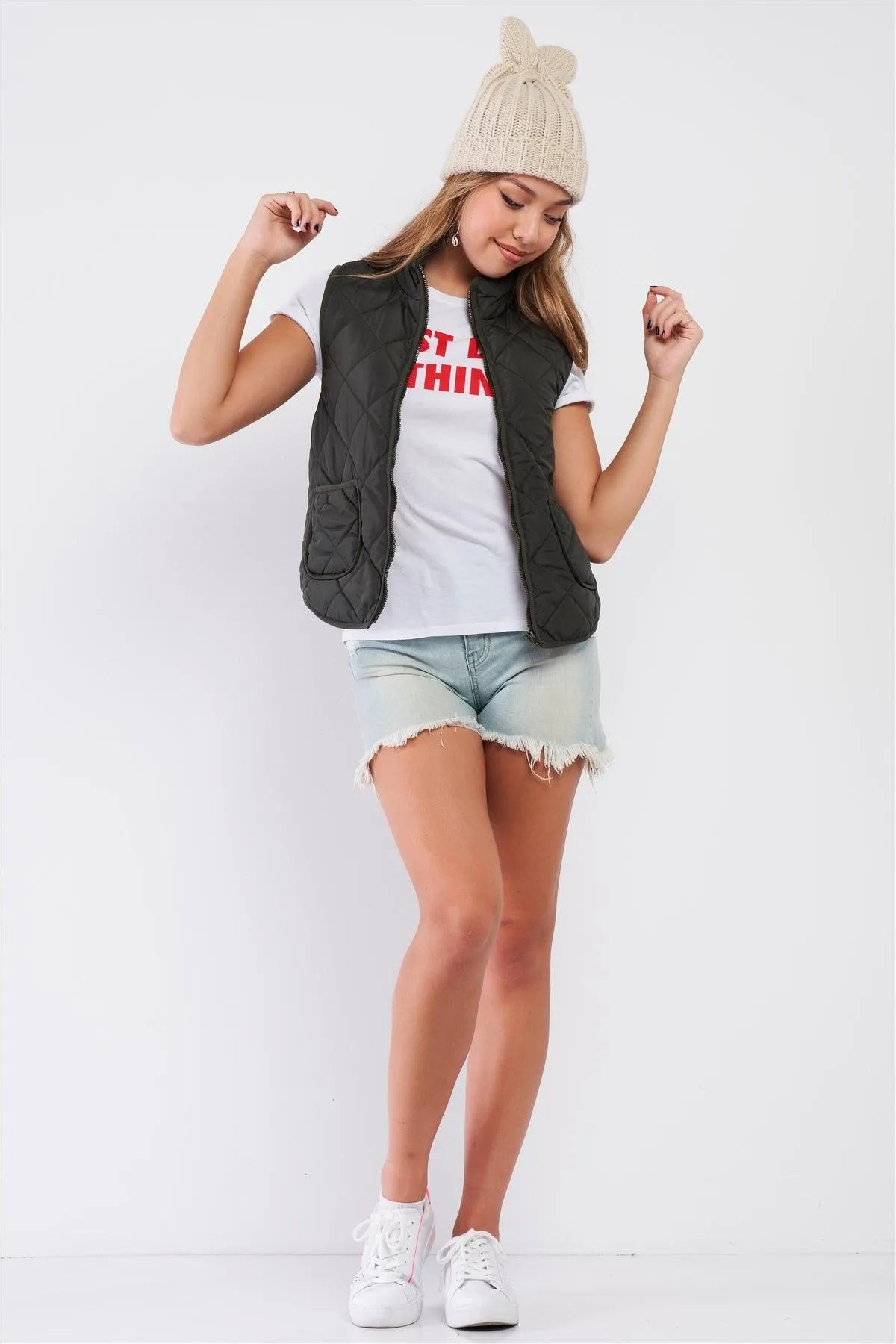 Olive Quilted Puff Two Pockets Zip-Up Turtleneck Vest /1-2-2 - Tasha Apparel Wholesale
