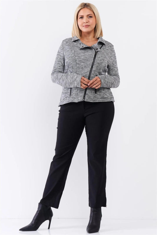 Junior Plus Heather Grey Knit Asymmetrical Zipper Front Long Sleeve Fitted Moto Jacket /2-2 - Tasha Apparel Wholesale