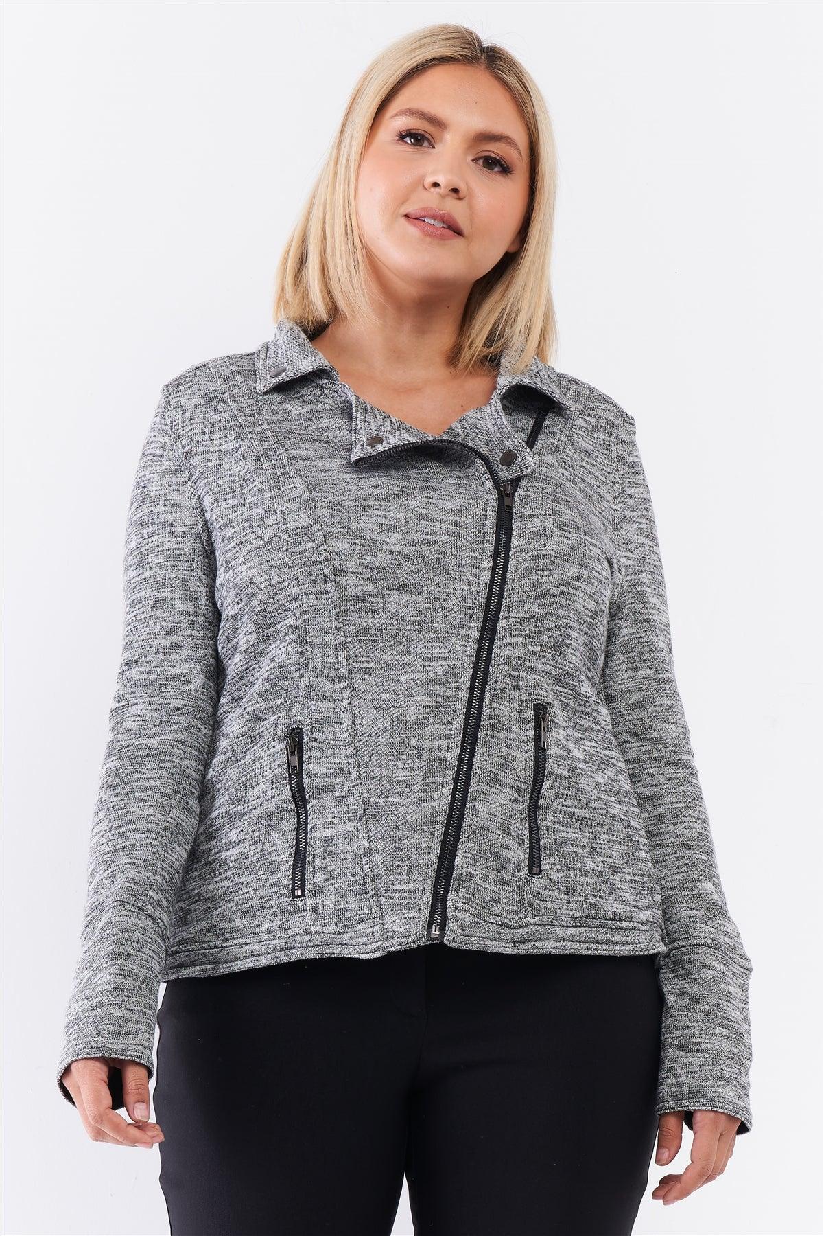 Junior Plus Heather Grey Knit Asymmetrical Zipper Front Long Sleeve Fitted Moto Jacket /2-2