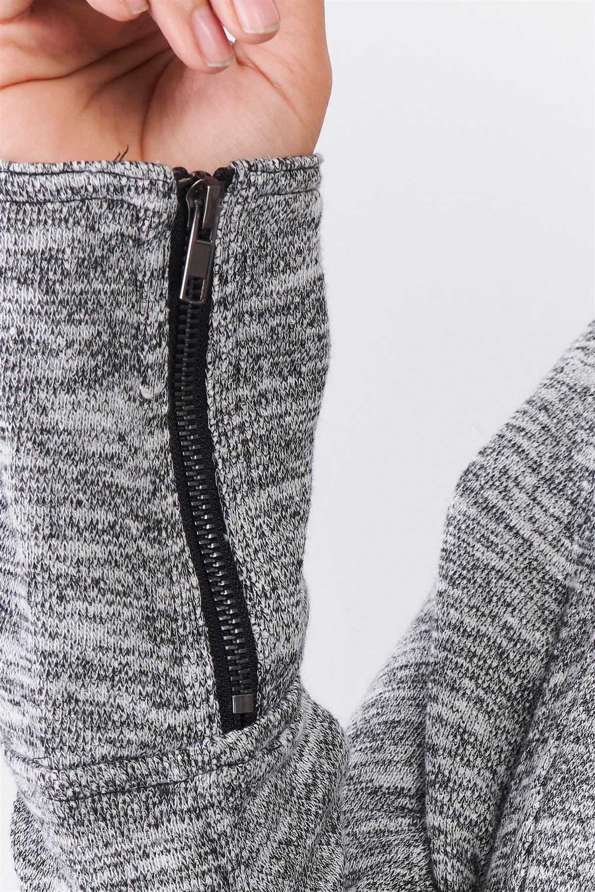 Junior Plus Heather Grey Knit Asymmetrical Zipper Front Long Sleeve Fitted Moto Jacket /2-2