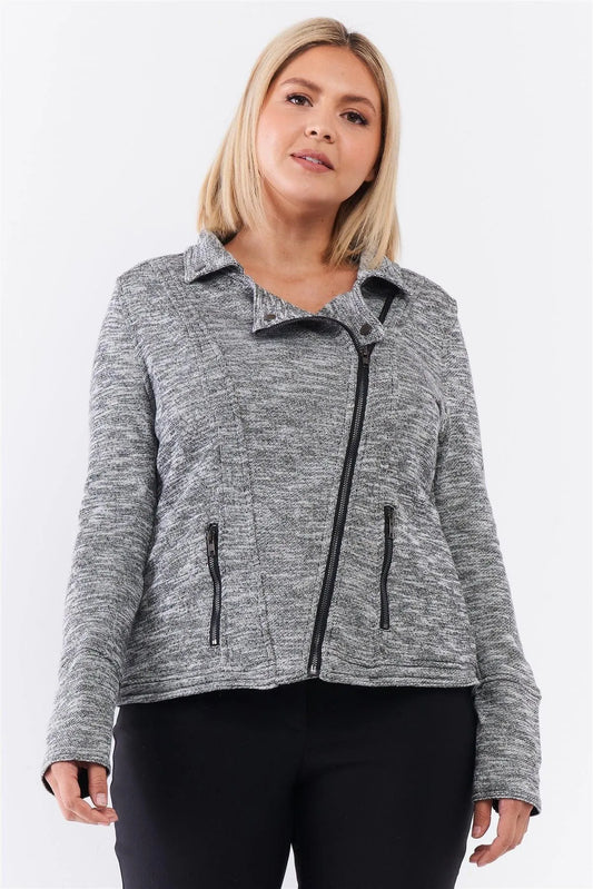 Junior Plus Heather Grey Knit Asymmetrical Zipper Front Long Sleeve Fitted Moto Jacket /3-2 - Tasha Apparel Wholesale