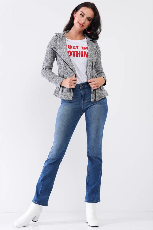 Heather Grey Knit Asymmetrical Zipper Front Long Sleeve Fitted Moto Jacket /2-2-2-1 - Tasha Apparel Wholesale