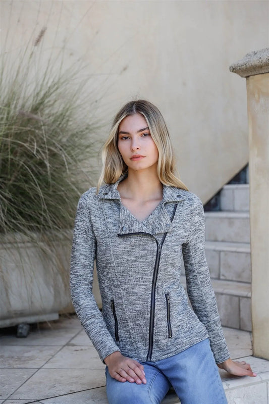 Heather Grey Knit Asymmetrical Zipper Front Long Sleeve Fitted Moto Jacket /2-3-2-1 - Tasha Apparel Wholesale