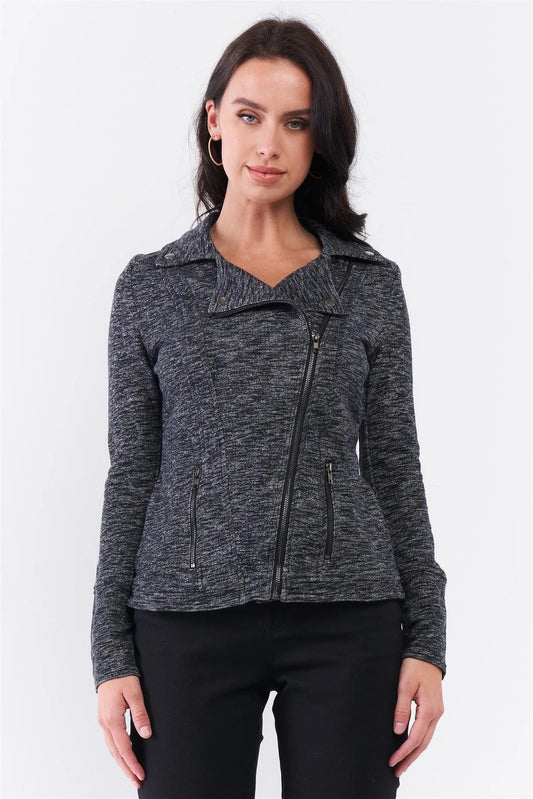 Charcoal Knit Asymmetrical Zipper Front Long Sleeve Fitted Moto Jacket /3-1-3 - Tasha Apparel Wholesale