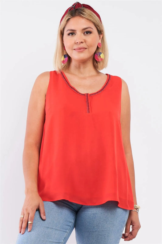 Junior Plus Blood Orange Embroidery Neckline Sleeveless Round Neck Loose Fit Top /2-3-1 - Tasha Apparel Wholesale